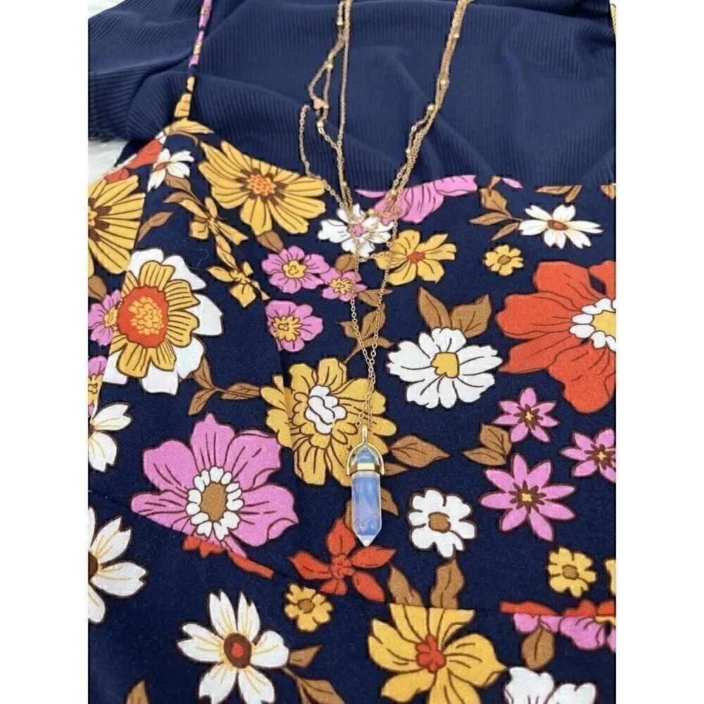 RARE EDITIONS 3pc Dress Set Girls Navy  Size 14 Top Necklace Floral Printed NEW